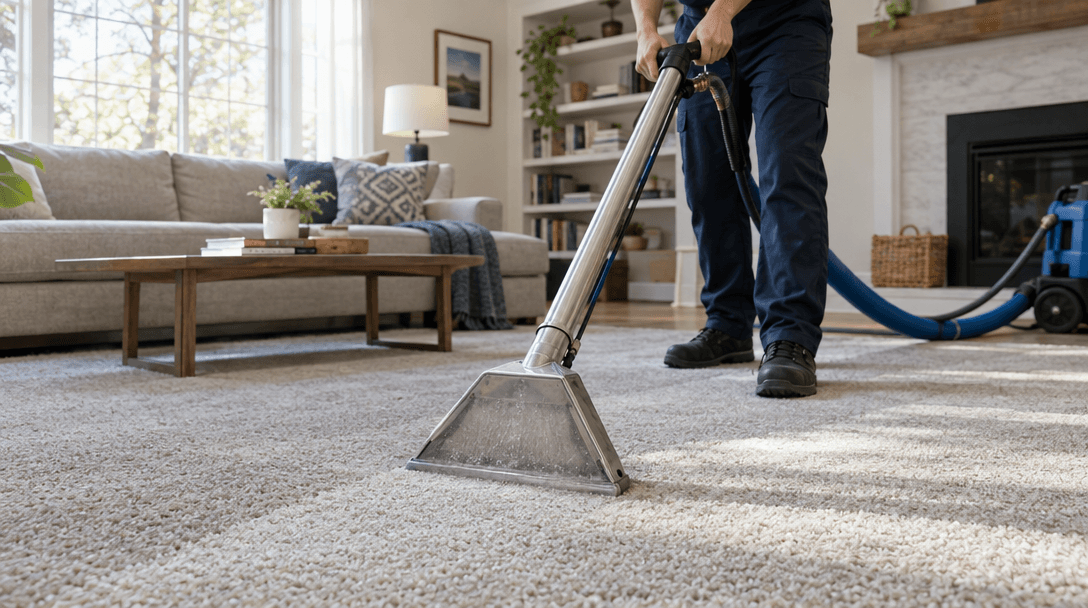 A technician guiding an extraction wand across a living-room carpet